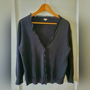 J.Crew Black 3/4 Sleeve Ruffle Trim V-neck Cardigan Sweater Women's Size L